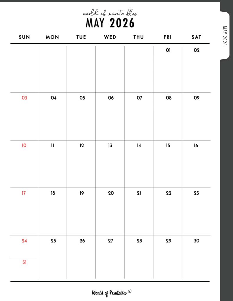 Printable May 2026 Calendar Design 307