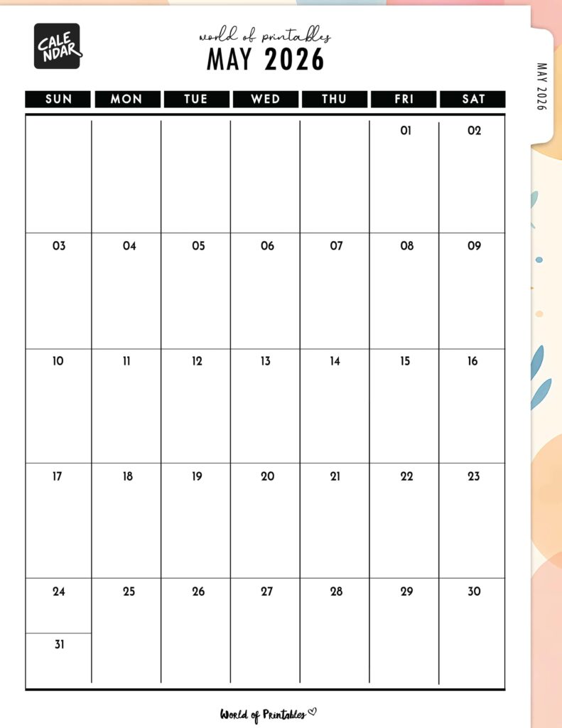 Printable May 2026 Calendar Design 312