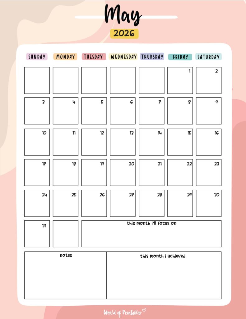 Printable May 2026 Calendar Design 89
