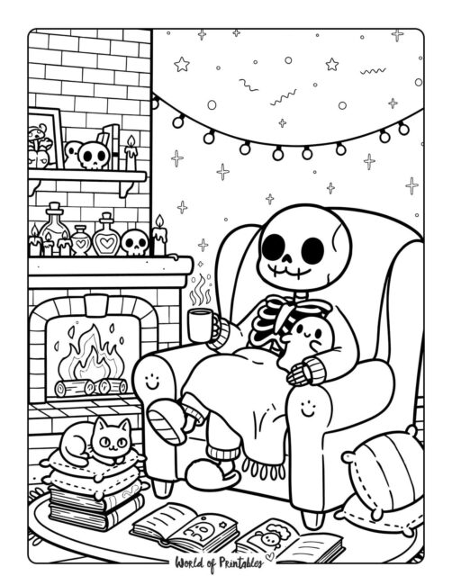 Relaxing Skeleton Spooky Coloring Page