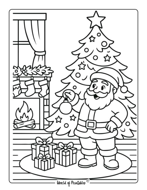 Santa Decorating Tree Christmas Coloring Page