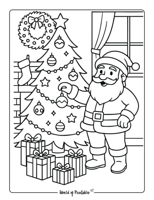 Santa Putting Bauble on Tree Christmas Coloring Sheet