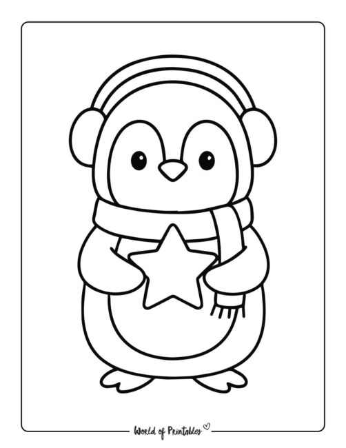 Simple Penguin and Star Christmas Coloring Page