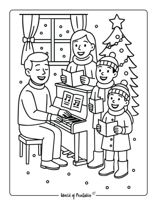 Singing around the piano Christmas Coloring Page
