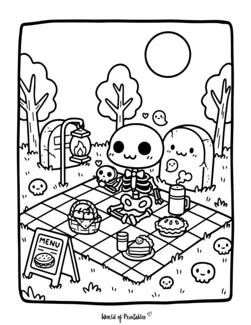 Skeleton Picnic Spooky Coloring Page
