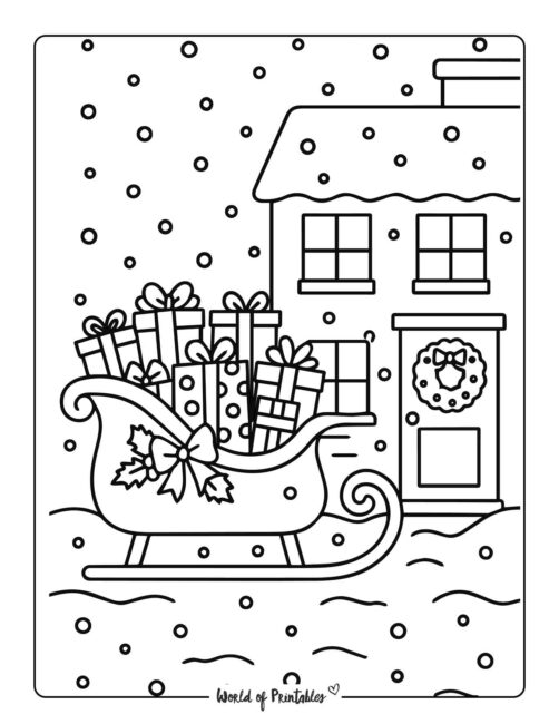 Snowy Sleigh Scene Christmas Coloring Page