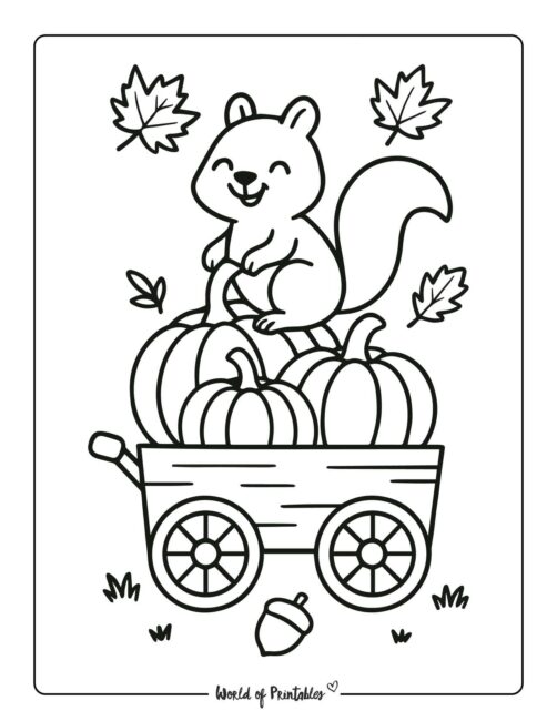 Squirrel and Pumpkins Printable Thanksgiving Coloring Sheet
