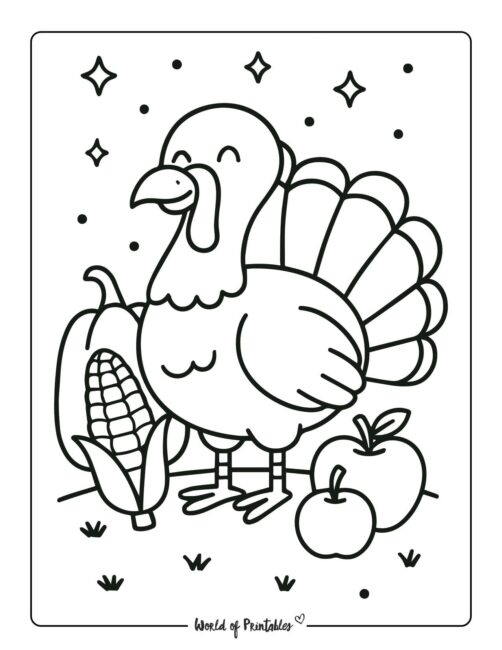 Turkey and Corn Simple Thanksgiving Coloring Page