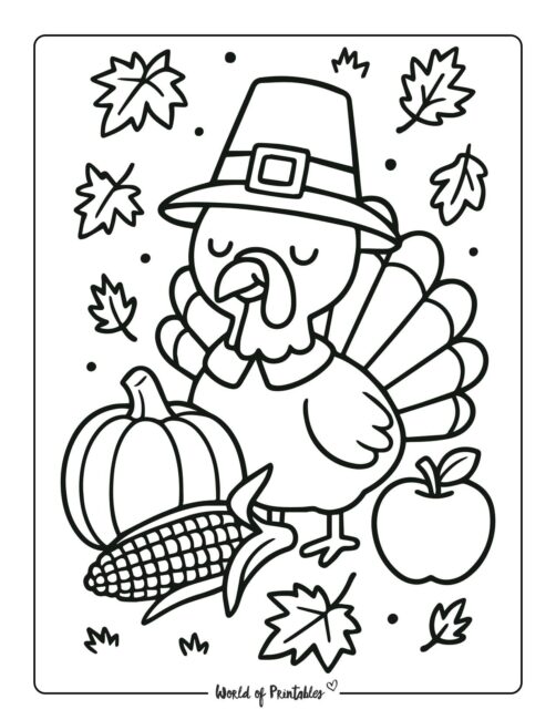 Turkey and Harvest Thanksgiving Coloring Sheet