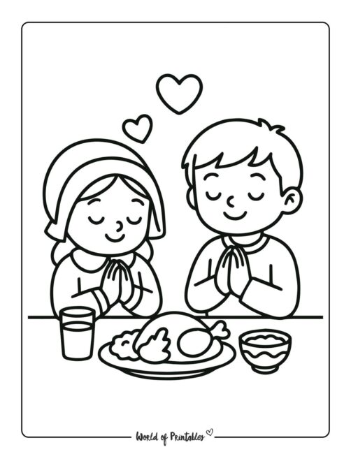 Two Children Giving Thanks Thanksgiving Printable PDF Coloring Page