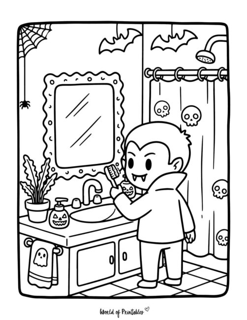 Vampire Brushing Teeth Spooky Coloring Page