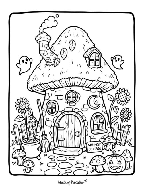 Whimsy Cottage Halloween Coloring Page