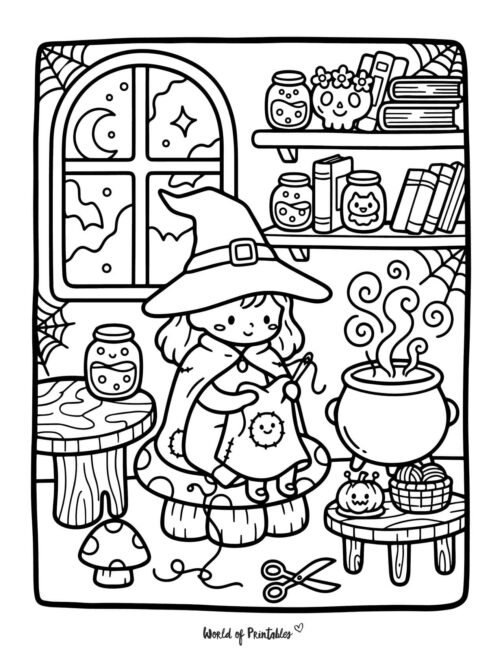 Witch Knitting Spooky Coloring Page