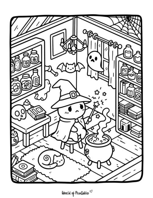 Witch Making Magic Spooky Coloring Page