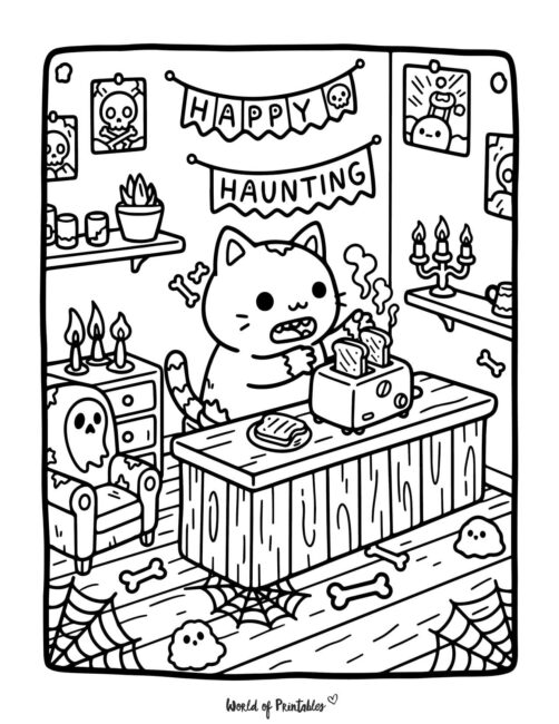 Zombie Cat Kitchen Spooky Coloring Page