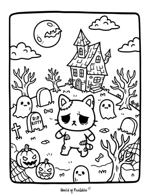 Zombie Cat Spooky Coloring Page