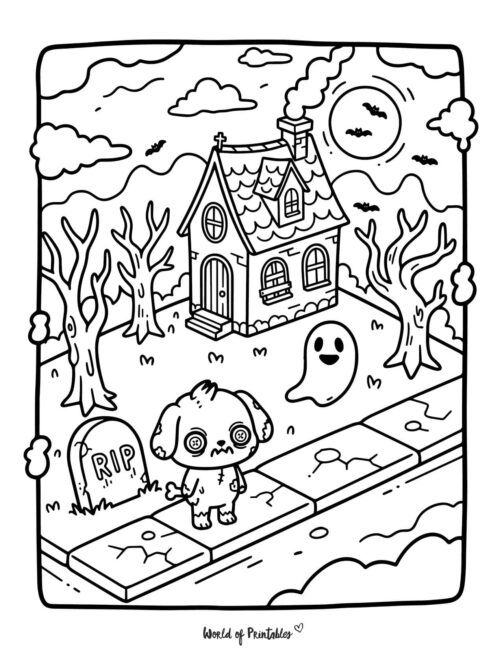 Zombie Puppy Spooky Coloring Page