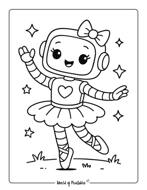 ballerina robot dancing in tutu coloring page