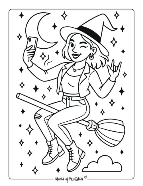 cool witch selfie coloring page