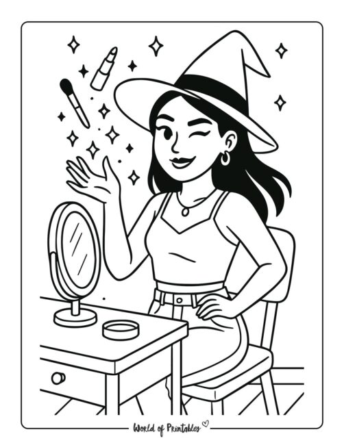 cute witch doing her make up coloring sheet