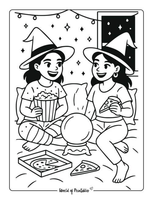 cute witch sleepover coloring page