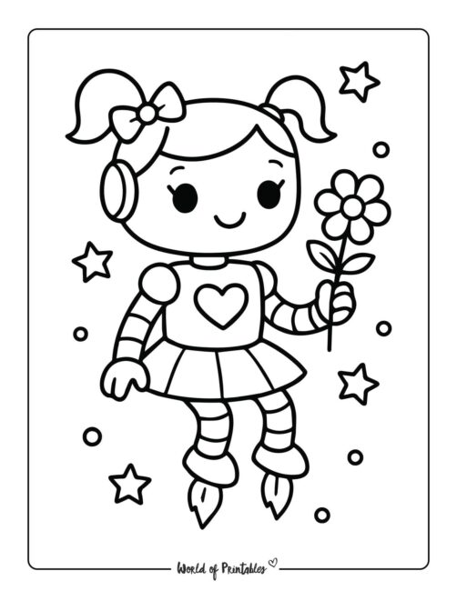 girl robot holding flower coloring page