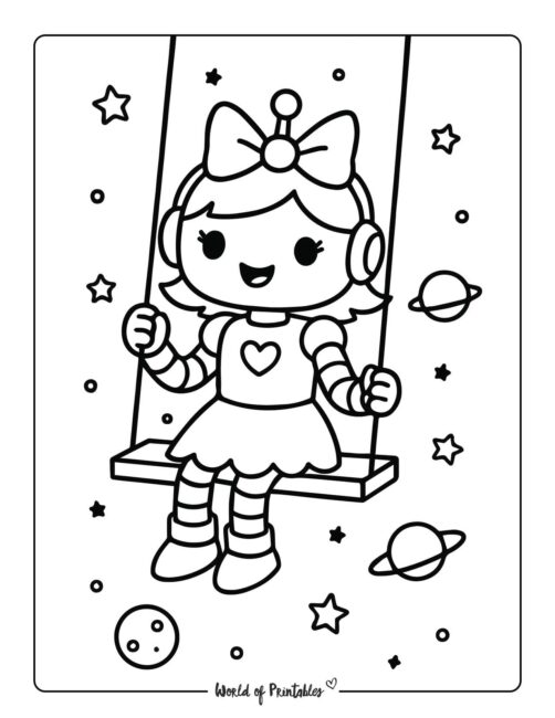 girl robot on swing coloring page