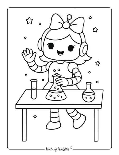 girl robot scientist with beakers coloring page