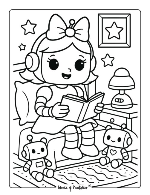 girl robot sitting on bed reading coloring page