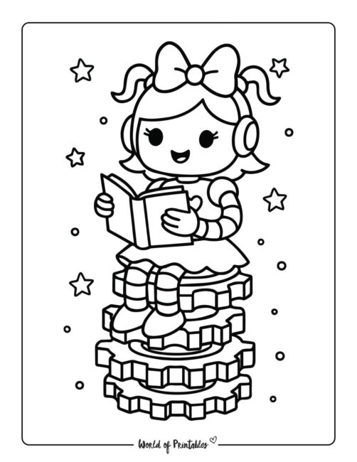 girl robot sitting on gears reading book coloring page
