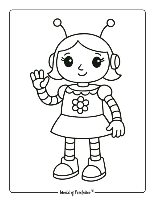 girl robot with flower chest coloring page