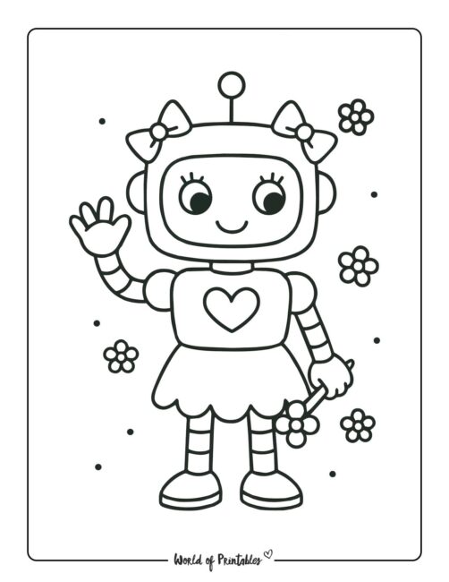 happy girl robot coloring page