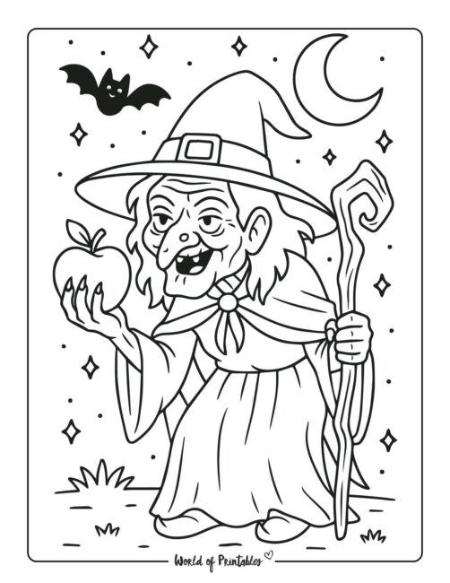 old witch and apple coloring page
