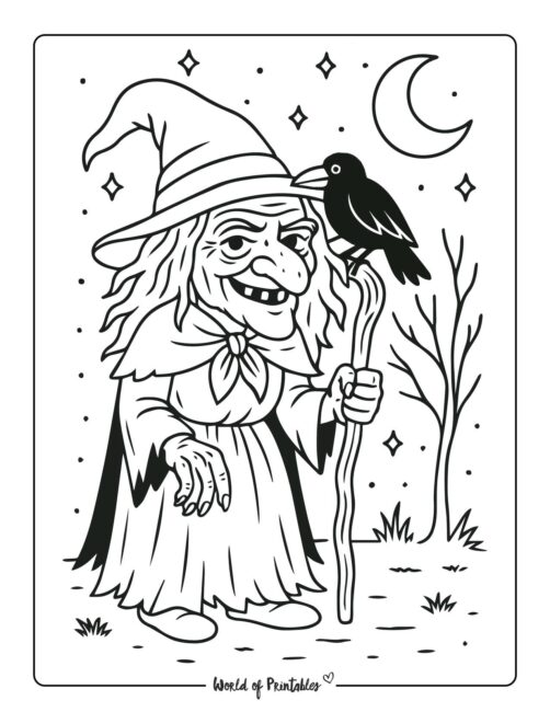 old witch and crow coloring page