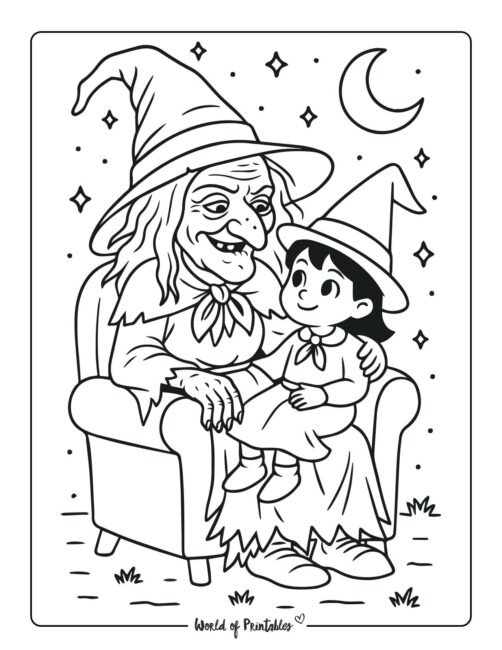 old witch and young witch cute coloring page