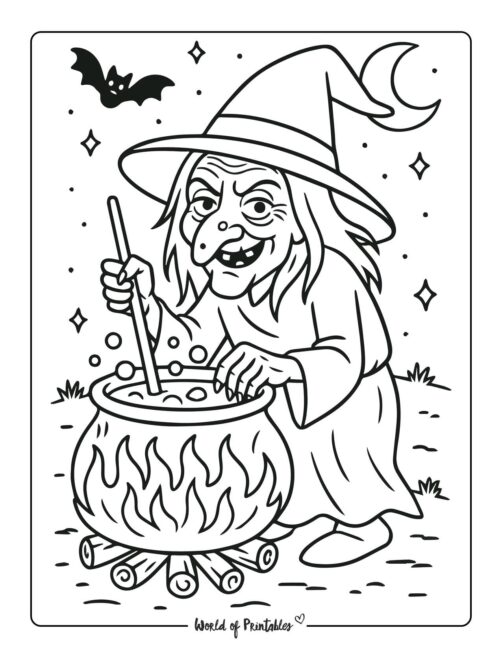 old witch at cauldron coloring page