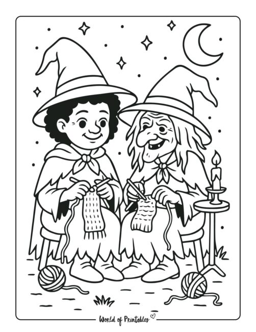 old witches knitting coloring sheet