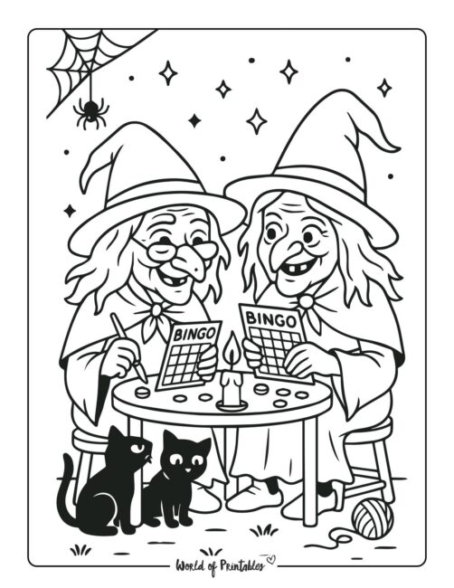 old witches playing bingo coloring page