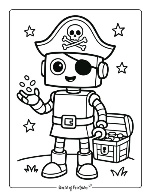 pirate robot with treasure chest coloring page