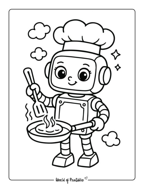robot chef cooking pancakes coloring page