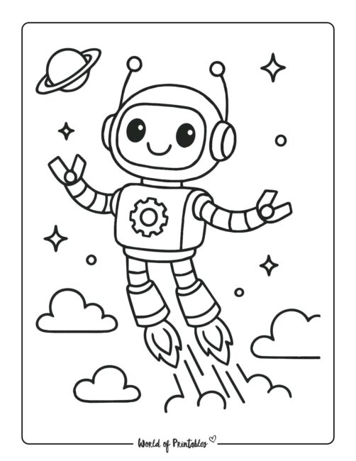 robot floating in space coloring page