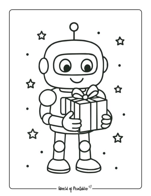 robot holding gift coloring page
