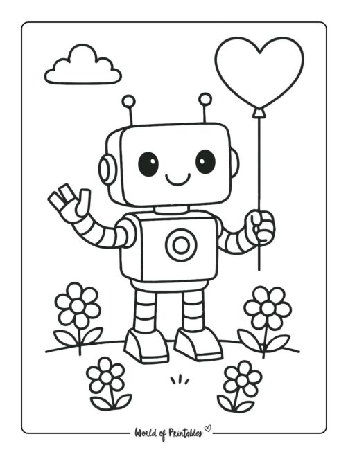 robot holding heart balloon coloring page