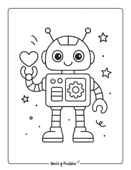robot holding love heart coloring page