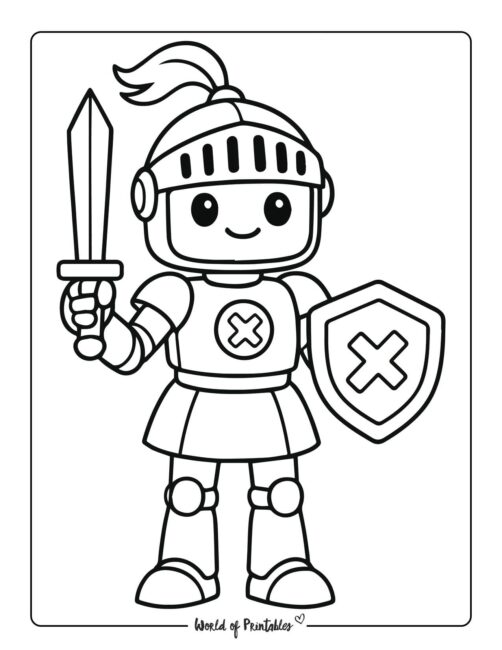 robot knight with armor and shield coloring page