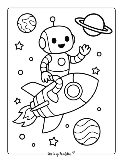 robot on a rocket coloring page