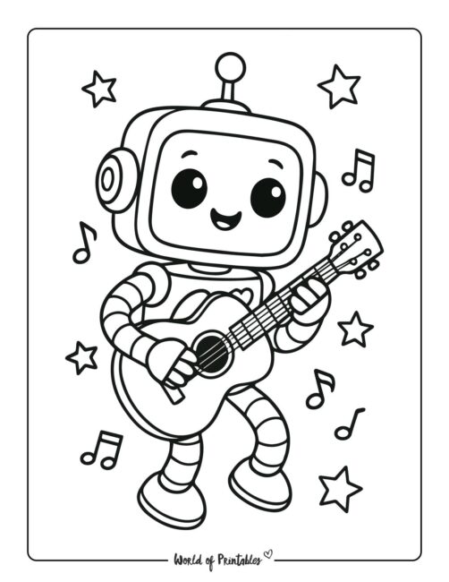 robot playing guitar coloring page