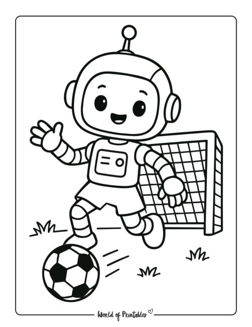 robot playing soccer coloring page