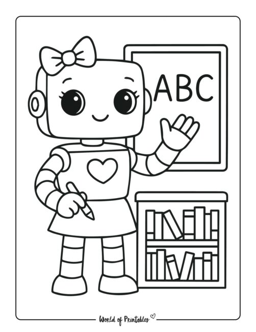 robot teacher with abc chalkboard coloring page