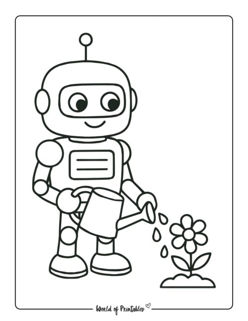 robot watering flower easy coloring page